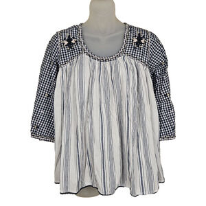 Hannah Embroidered Peasant Blouse Size Small Boho Gingham Plaid Floral Cottage